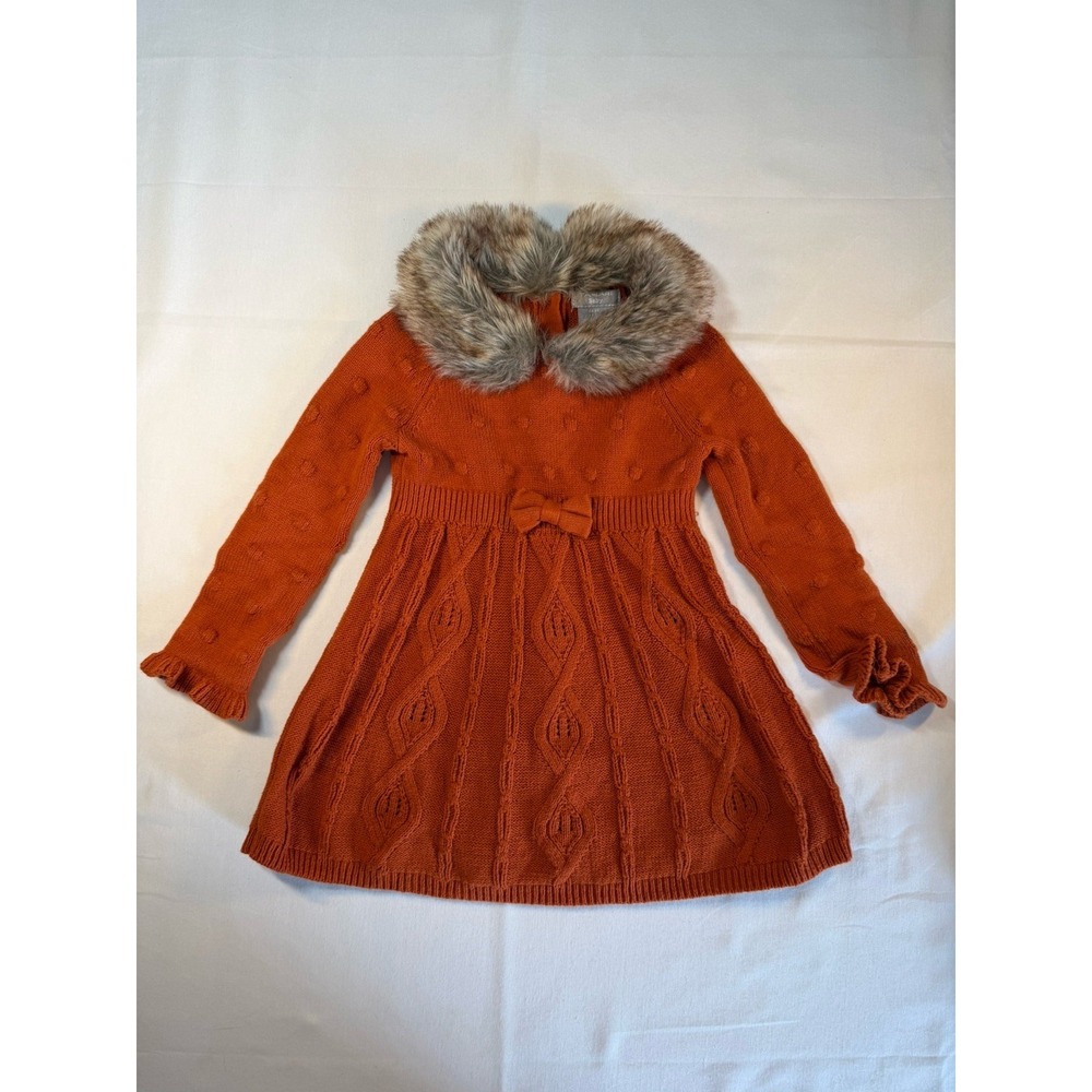 Tahari Baby Rust Orange Sweater Dress 2T Faux Fur Collar Bow‎ Accent Cable Knit